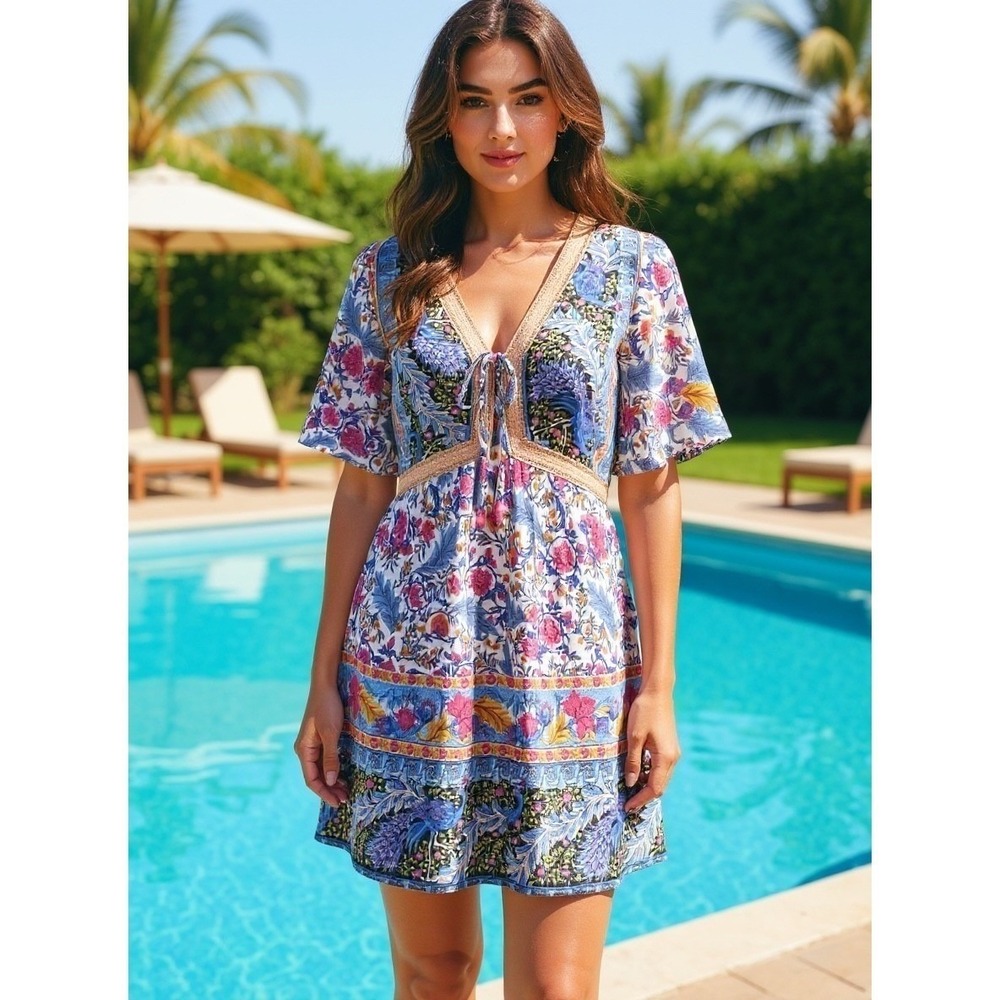 The Pyramid Collection Floral Boho Summer Tunic Dress Womens 1X Beach Whimsigoth